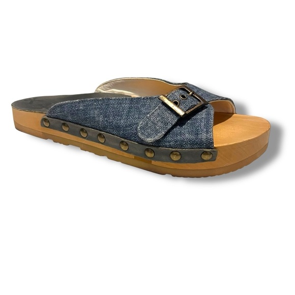 Kalso Earth Shoe US 7 SERENITY Negative Heel Wooden Blue Denim Slip On Sandals - Picture 1 of 8
